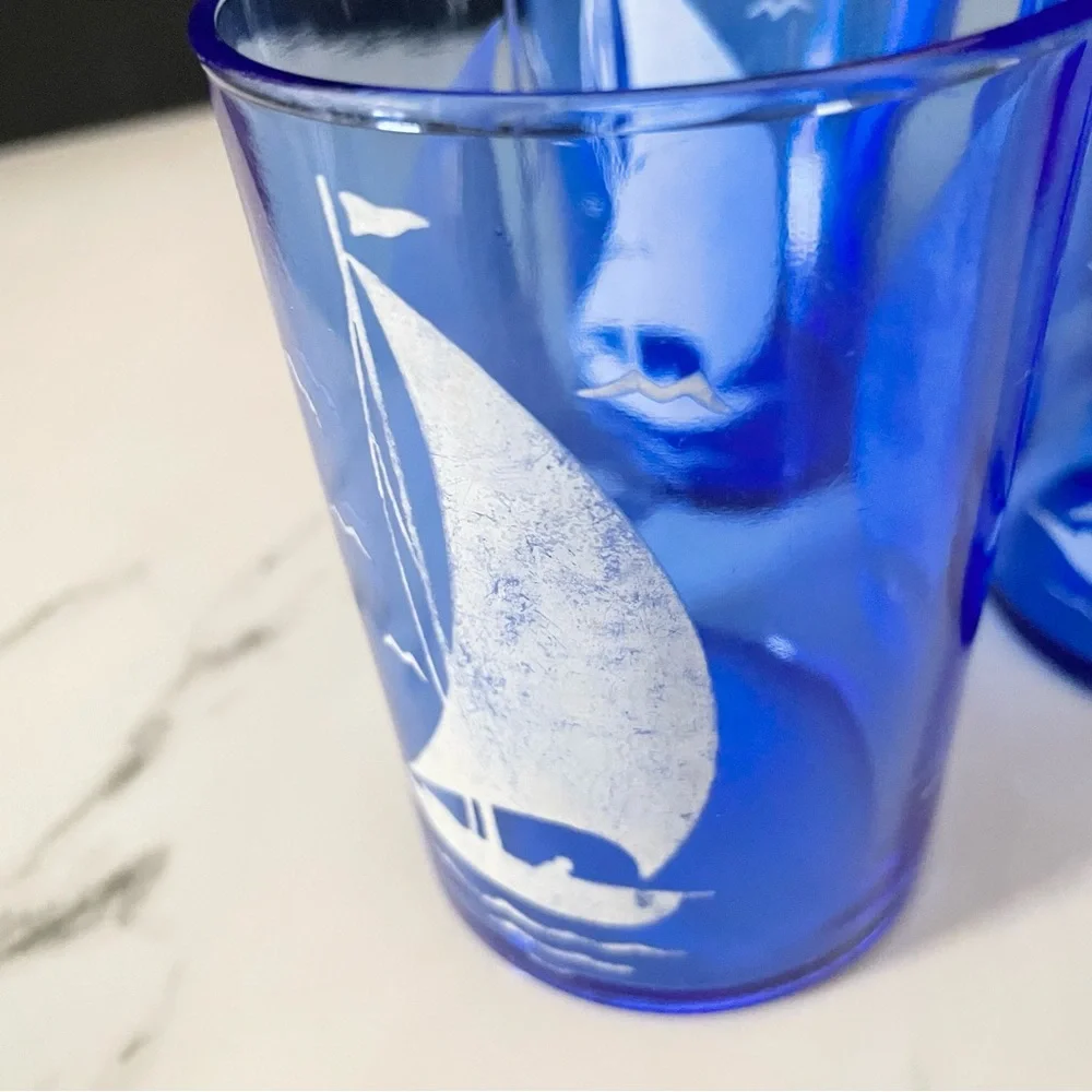 SET of 3 Blue Hazel Atlas Sailboat Glasses